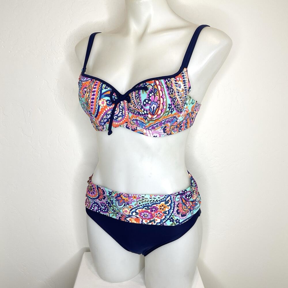Pour Moi Bikini Swimsuit Set Womens Medium 36B Foldover Navy Blue Floral